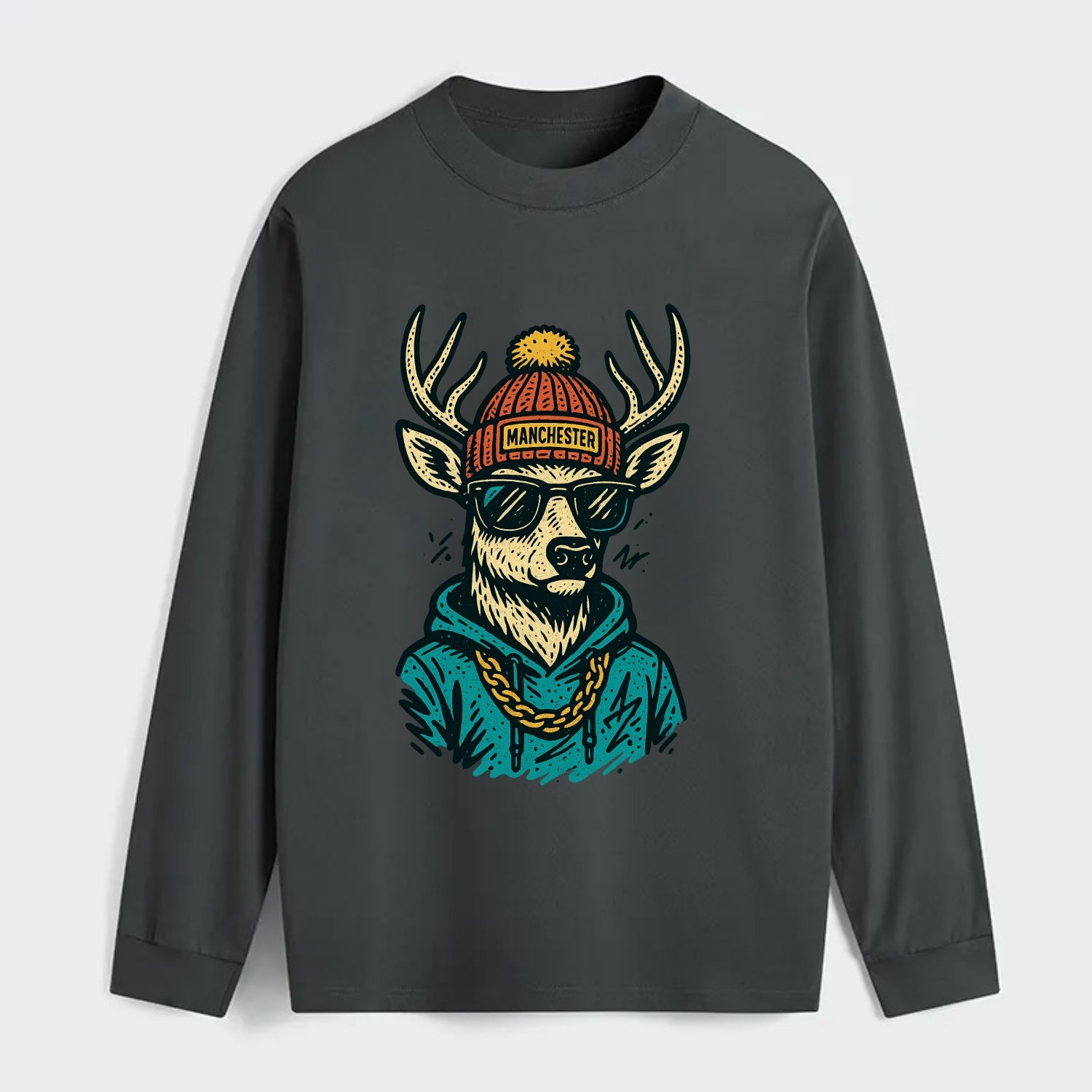 New Hampshire White-tailed Deer wearing Manchester beanie with pom pom - Classic Long Sleeve Shirt - Gray