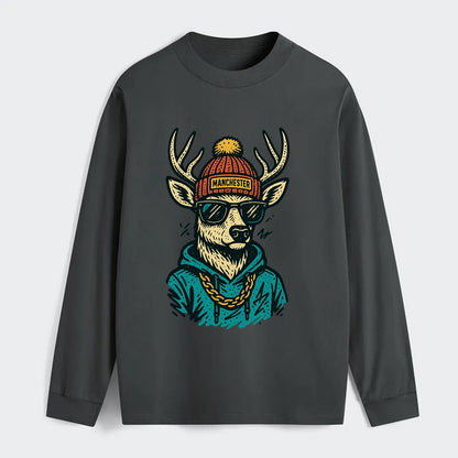 New Hampshire White-tailed Deer wearing Manchester beanie with pom pom - Classic Long Sleeve Shirt - Gray
