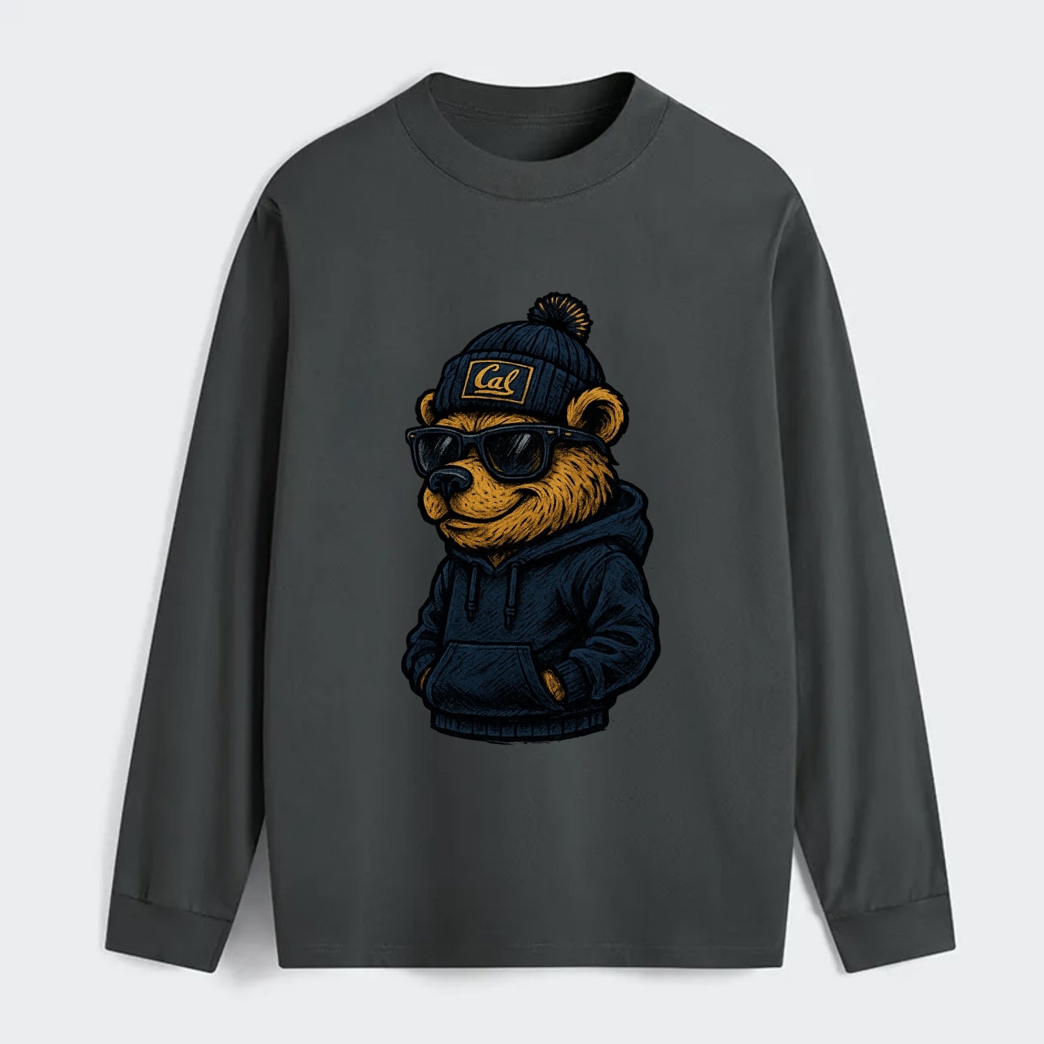 Berkeley Bear wearing Cal beanie with script patch - Classic Long Sleeve Shirt - Gray