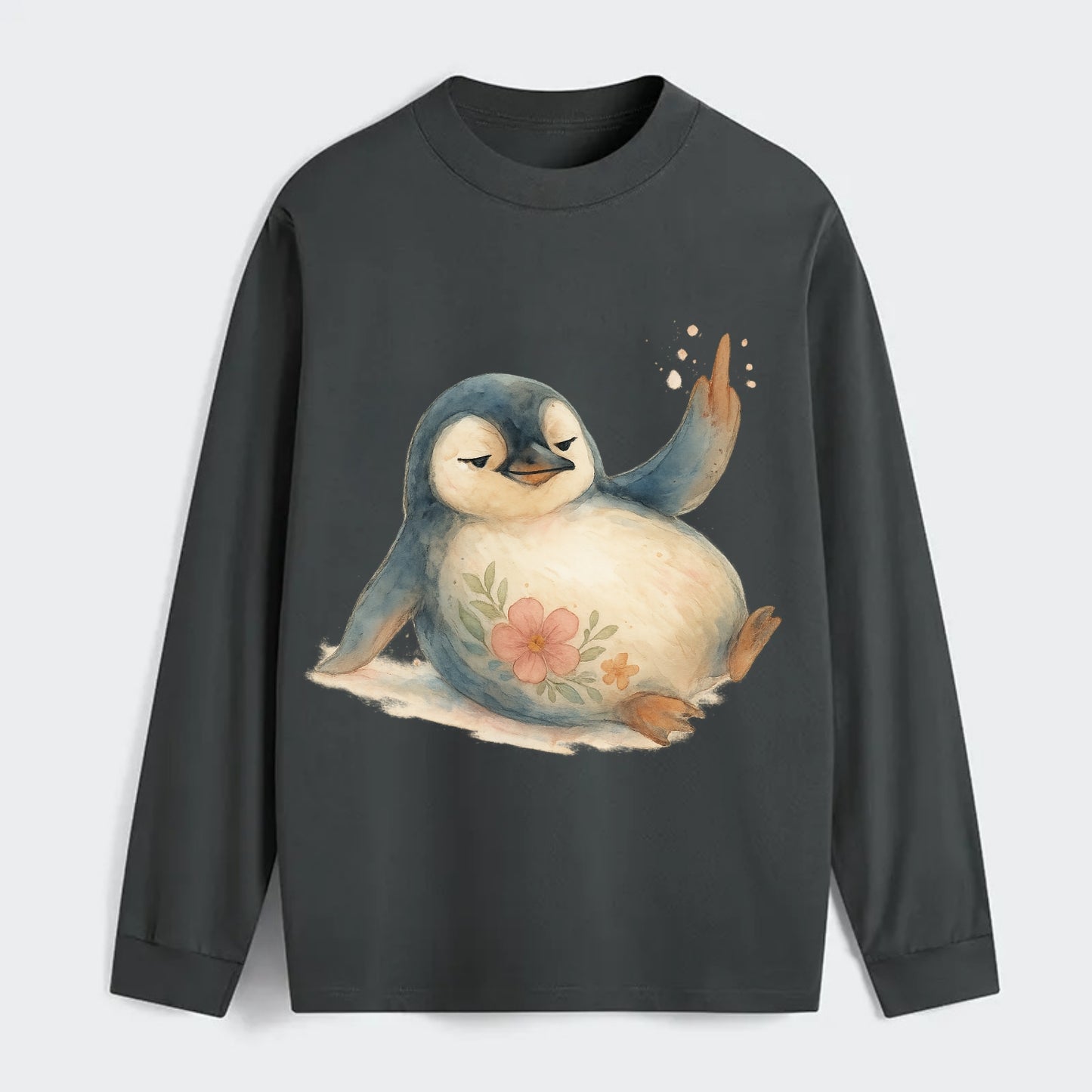 chubby penguin sliding on belly, one flipper up giving attitude - Classic Long Sleeve Shirt - Gray