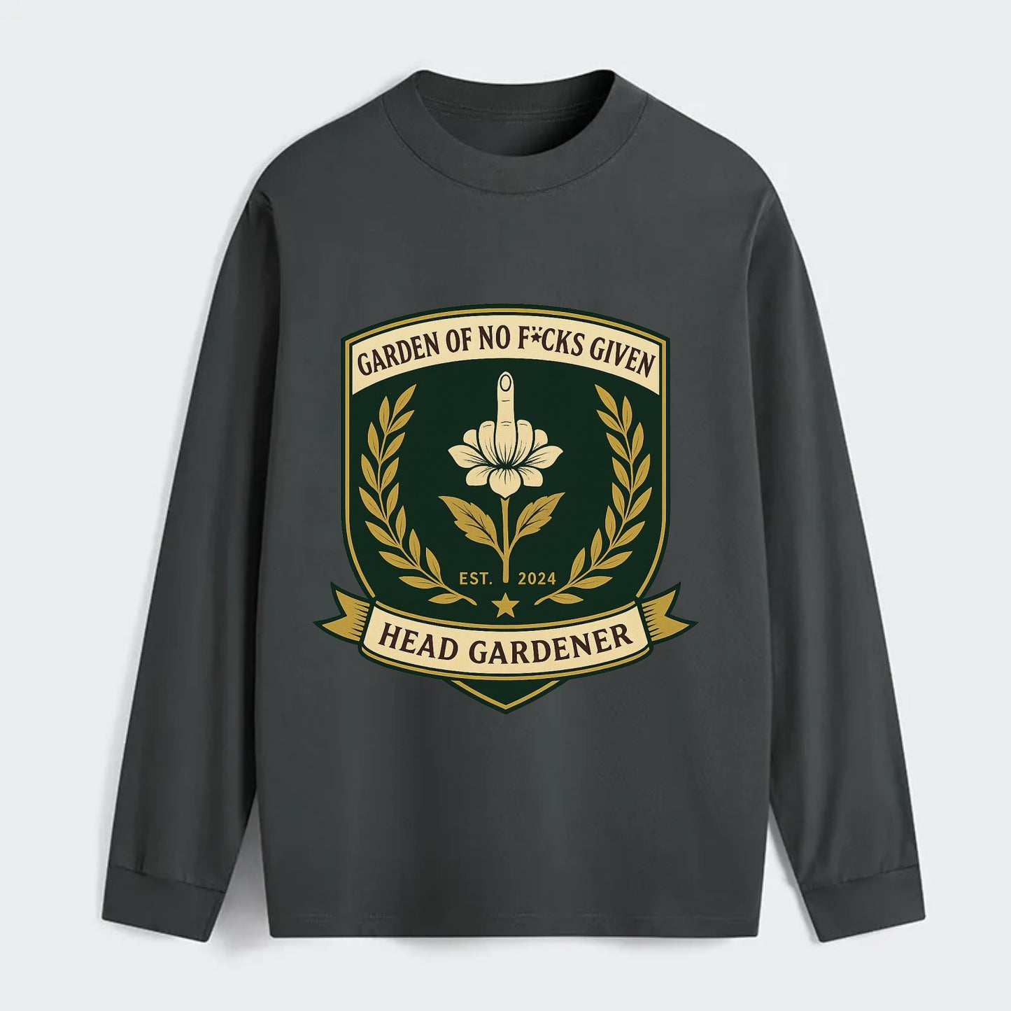Shield with middle finger flower - "Garden of No F*cks Given - Head - Classic Long Sleeve Shirt - Gray