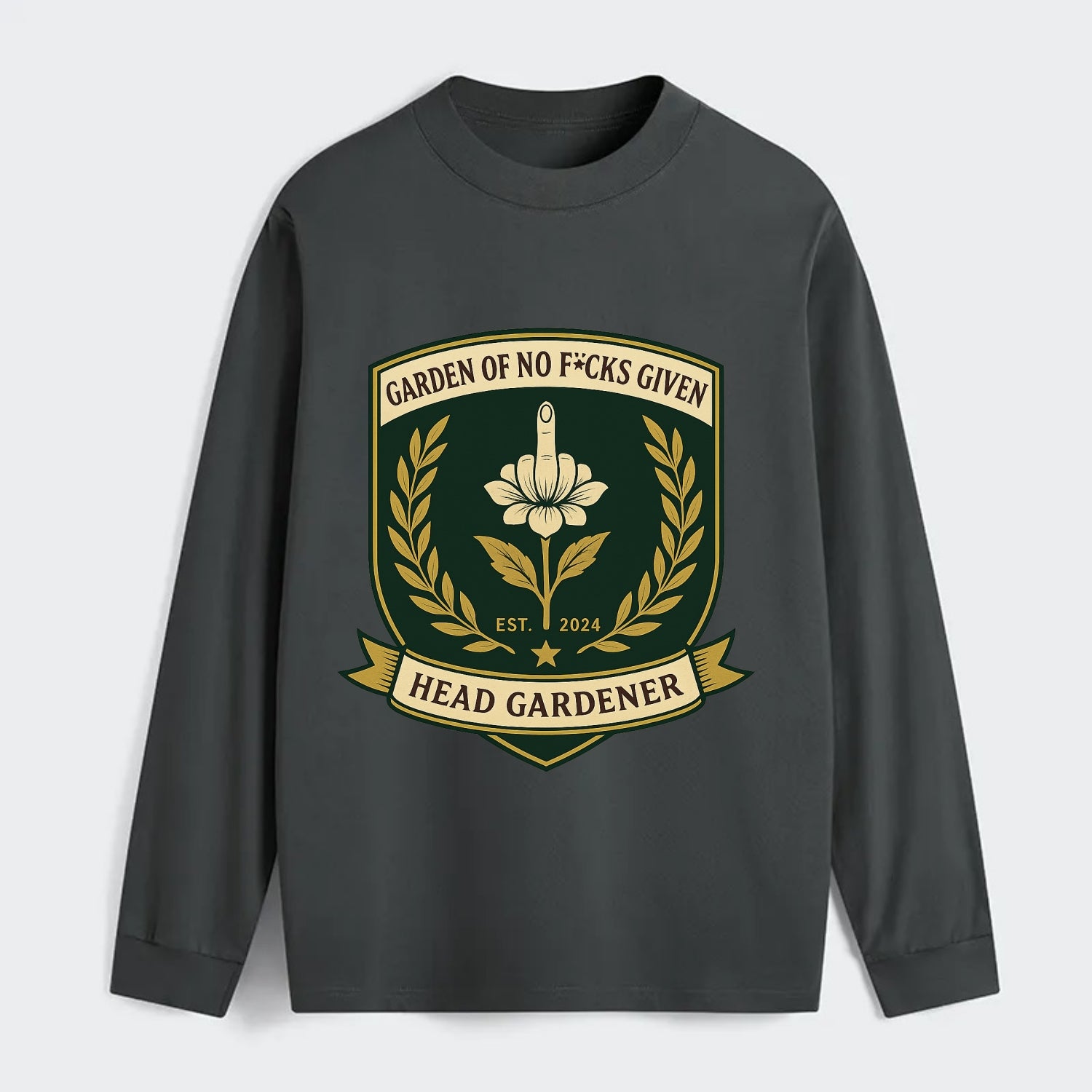 Shield with middle finger flower - "Garden of No F*cks Given - Head - Classic Long Sleeve Shirt - Gray