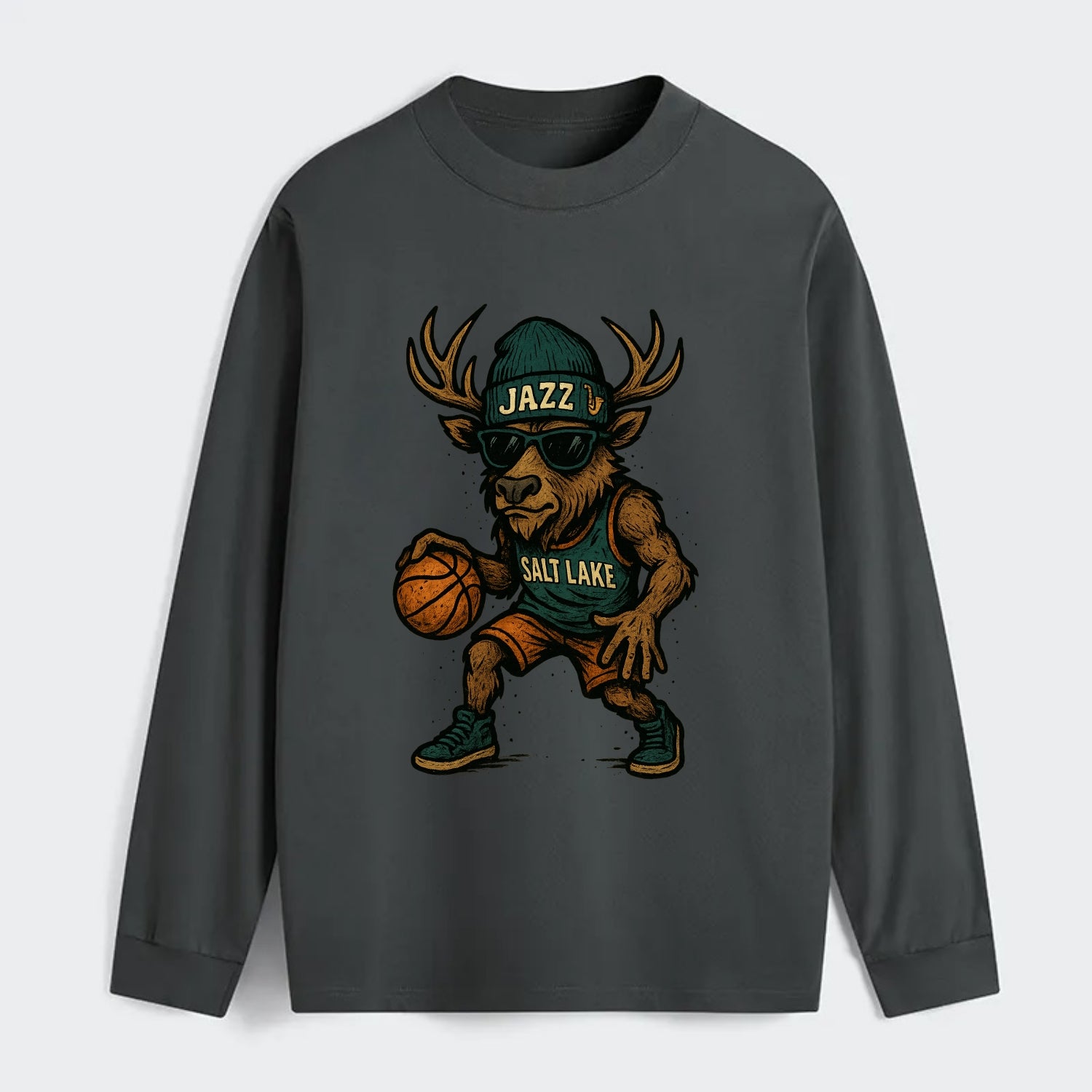 Salt Lake Elk wearing Jazz beanie with saxophone patch and wayfarer - Classic Long Sleeve Shirt - Gray