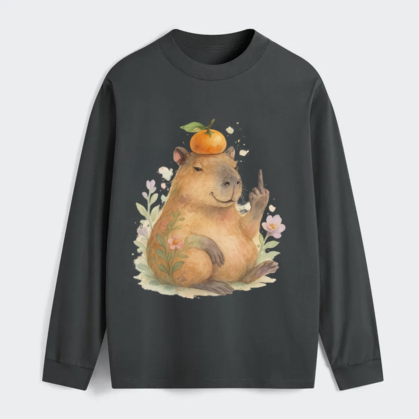chonky capybara relaxing with orange on head, one webbed middle finger - Classic Long Sleeve Shirt - Gray