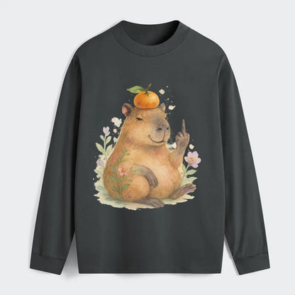 chonky capybara relaxing with orange on head, one webbed middle finger - Classic Long Sleeve Shirt - Gray