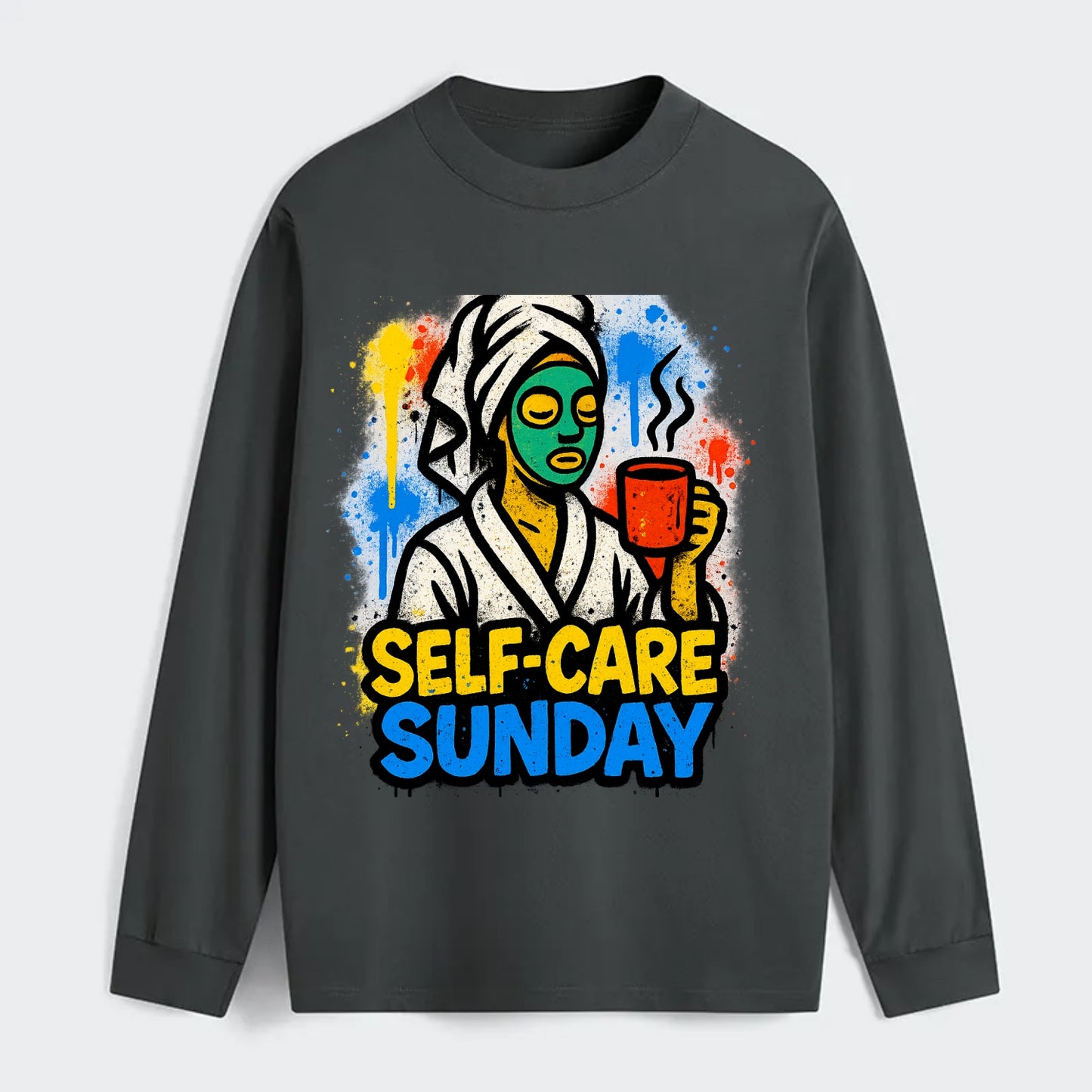 Person in bathrobe with face mask and tea - self-care Sunday ritual, - Classic Long Sleeve Shirt - Gray