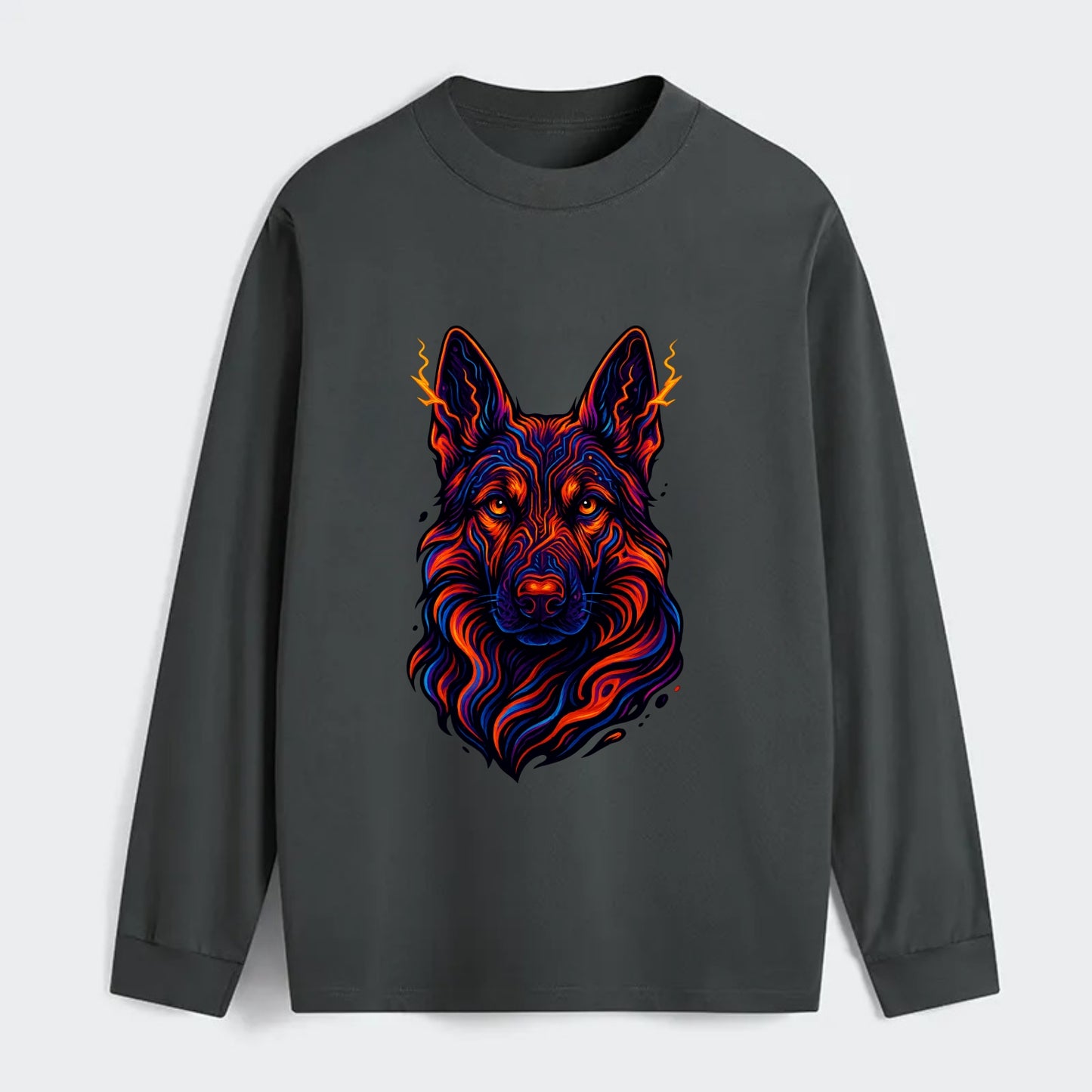 Alert German Shepherd with cyber circuit patterns in the fur, neon - Classic Long Sleeve Shirt - Gray
