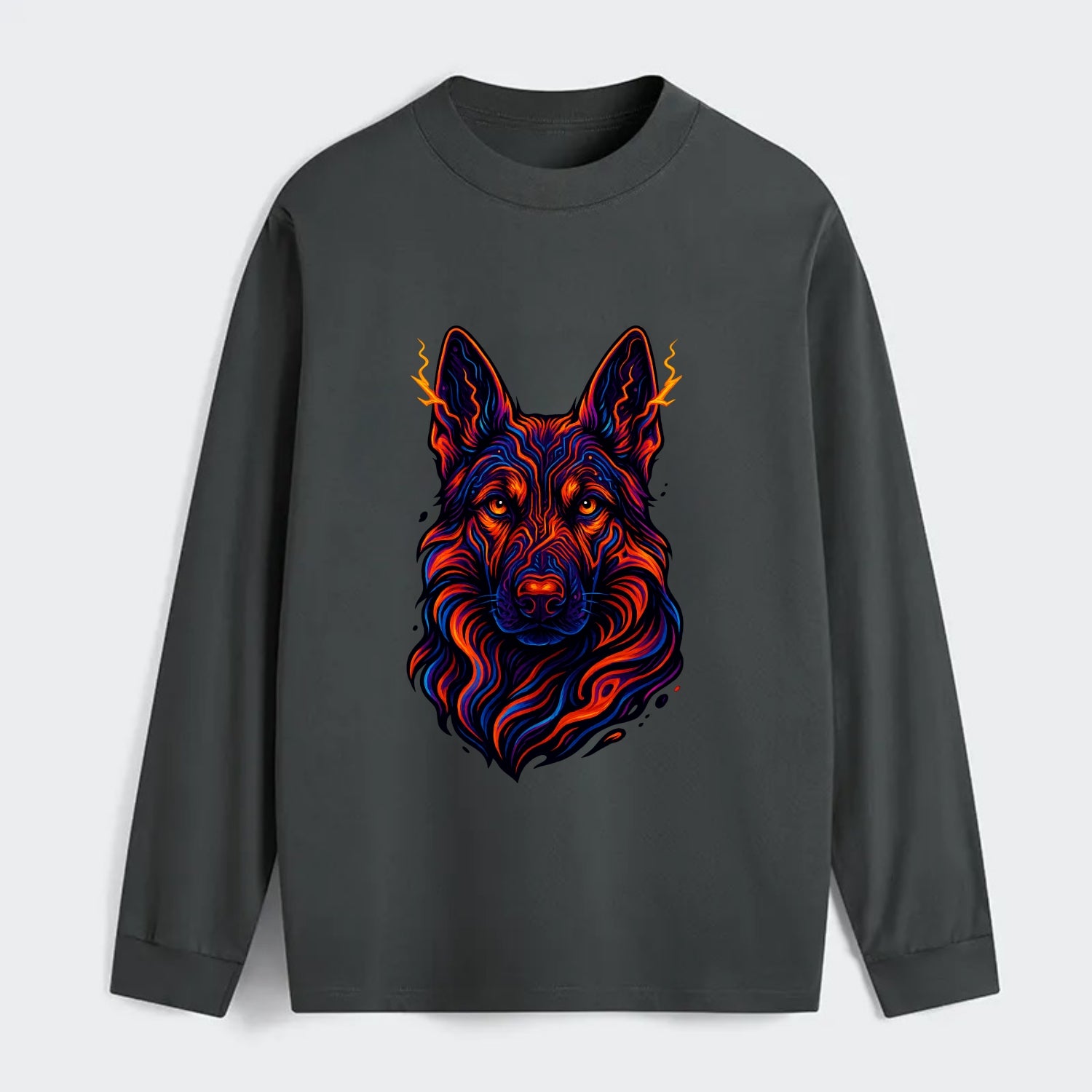 Alert German Shepherd with cyber circuit patterns in the fur, neon - Classic Long Sleeve Shirt - Gray