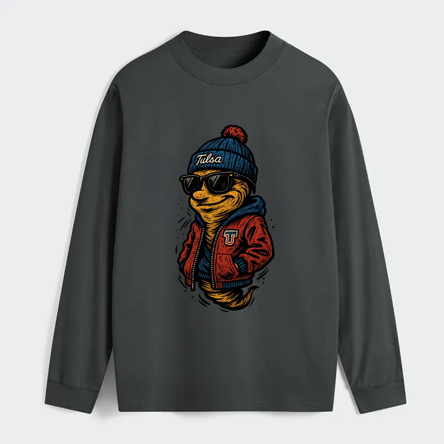 Tulsa Hurricane wearing Tulsa beanie with TU patch - Classic Long Sleeve Shirt - Gray