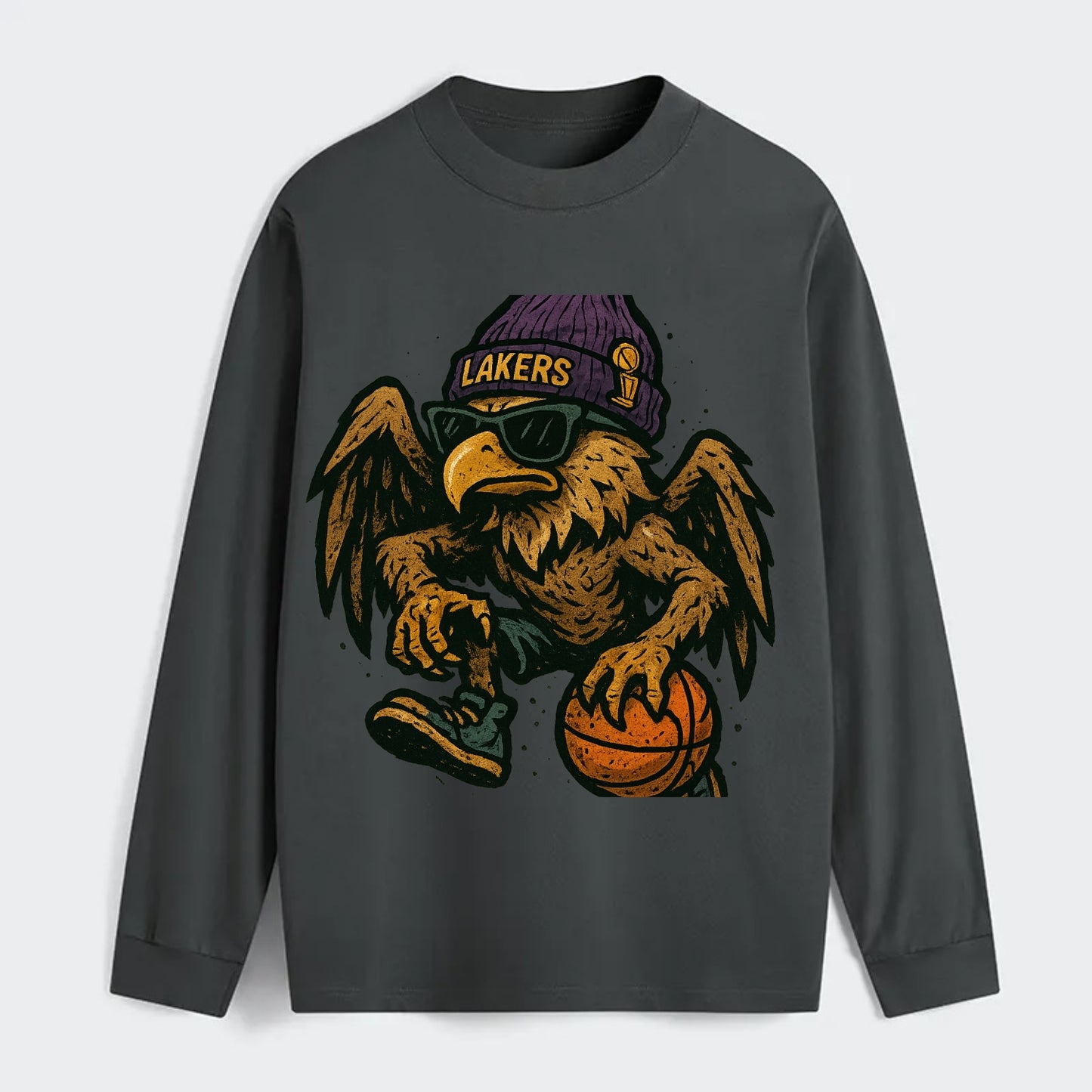 Los Angeles Golden Eagle wearing Lakers beanie with trophy patch and - Classic Long Sleeve Shirt - Gray