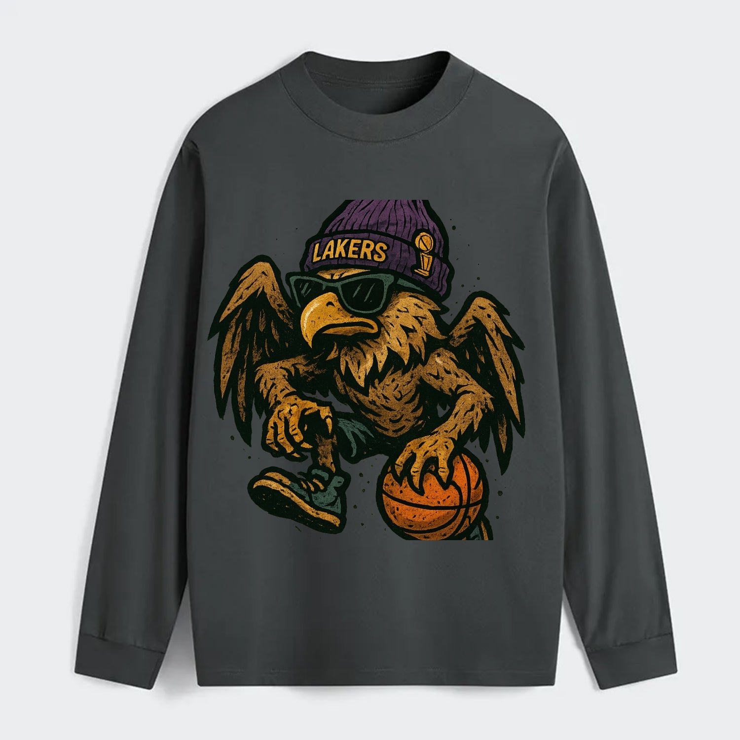 Los Angeles Golden Eagle wearing Lakers beanie with trophy patch and - Classic Long Sleeve Shirt - Gray