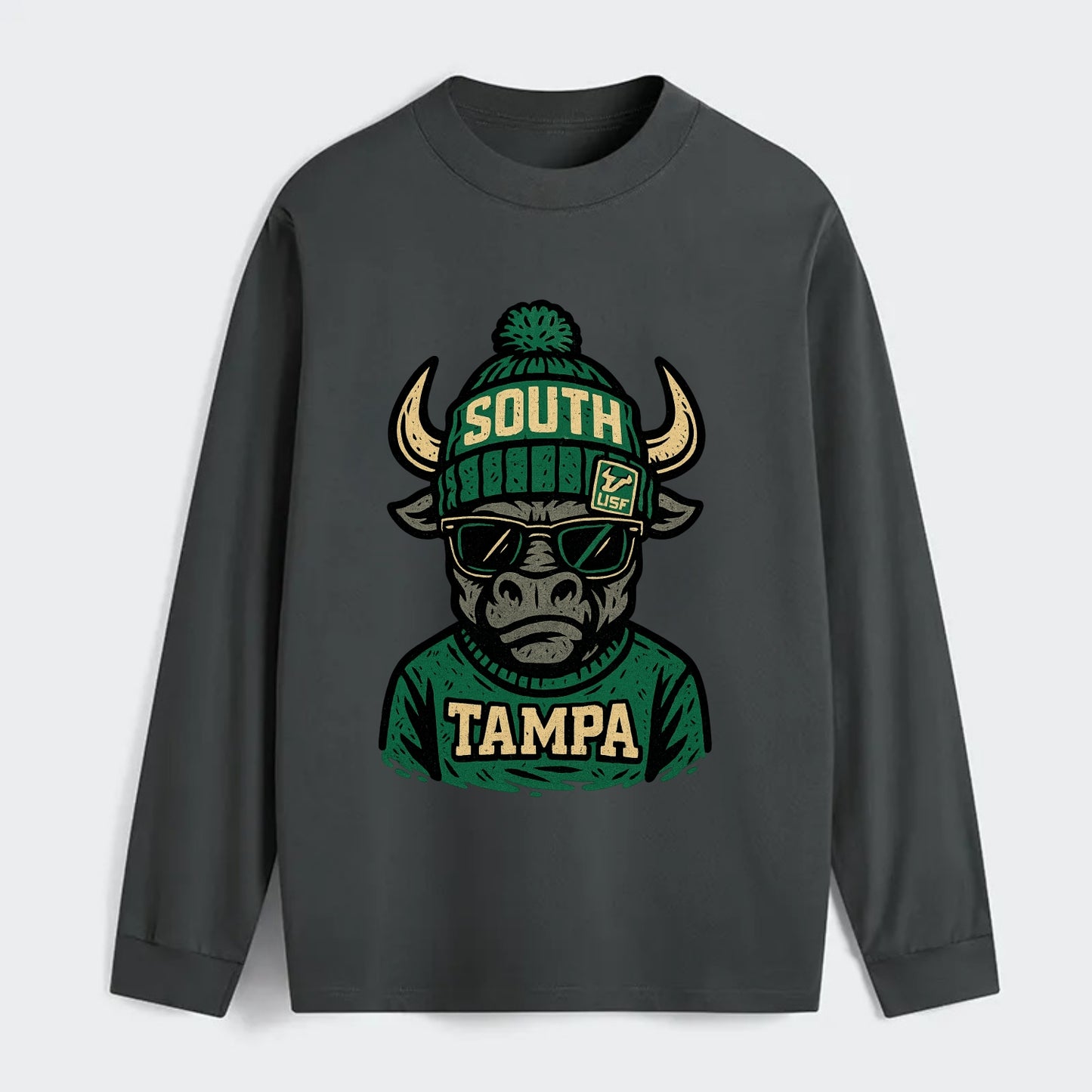 Tampa Bull wearing South Florida beanie with USF patch - Classic Long Sleeve Shirt - Gray