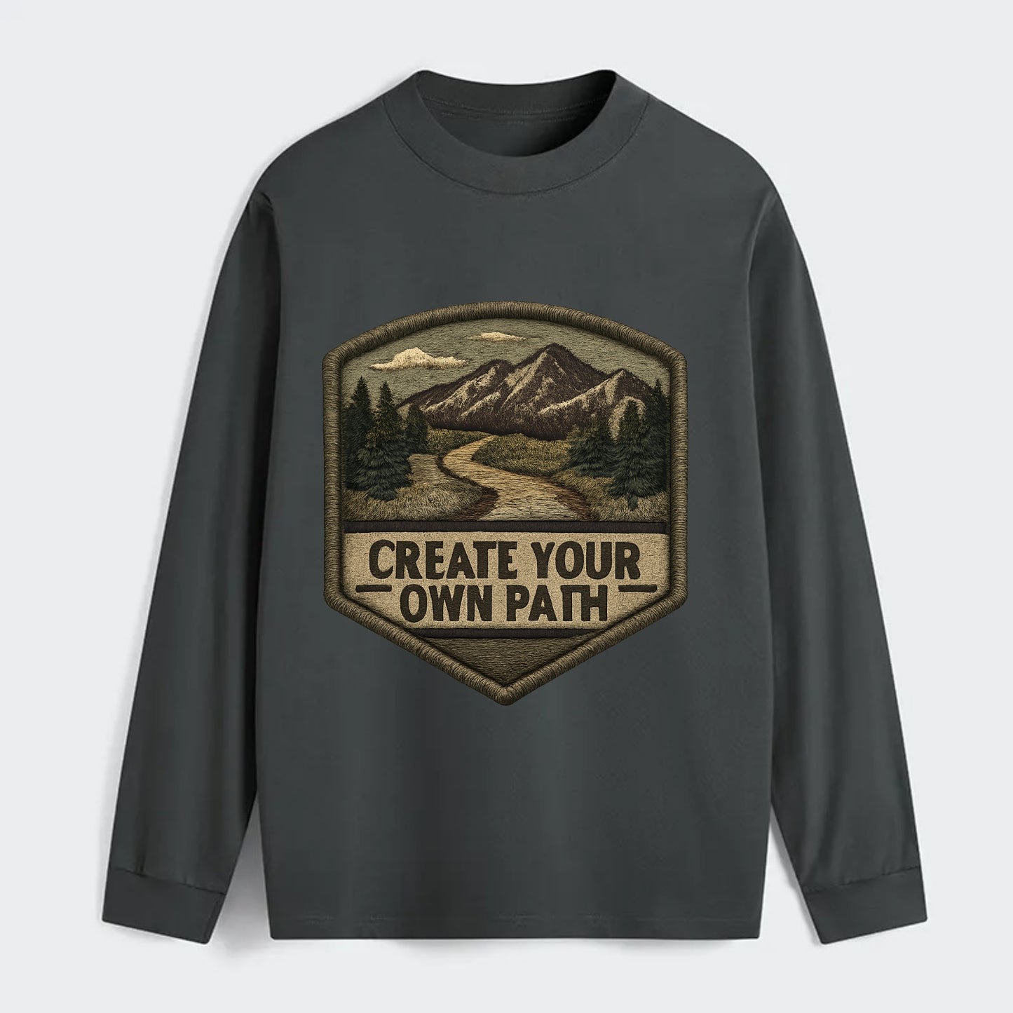 CREATE YOUR OWN PATH - trail with text in brown , independence - Classic Long Sleeve Shirt - Gray