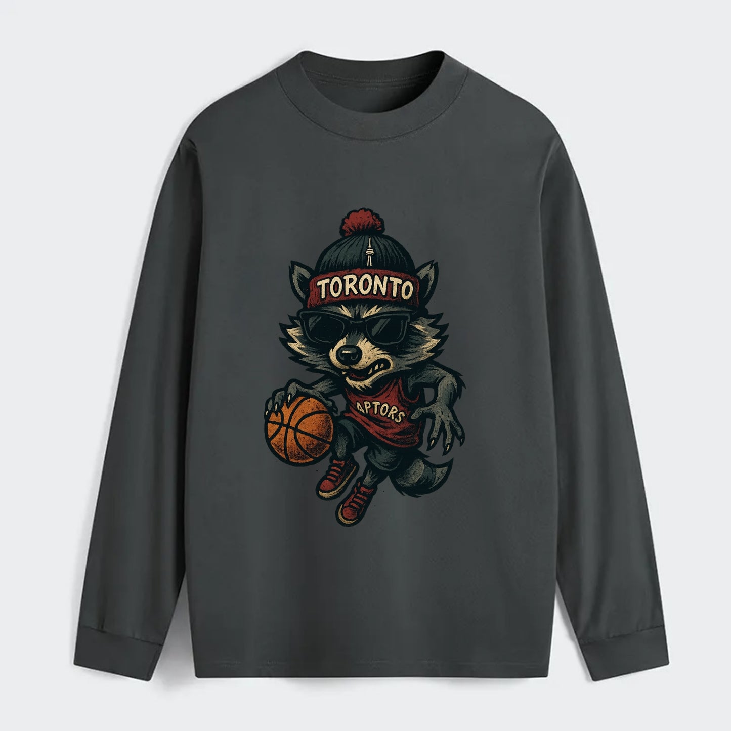 Toronto Raccoon wearing Raptors beanie with CN Tower patch and wayfarer - Classic Long Sleeve Shirt - Gray