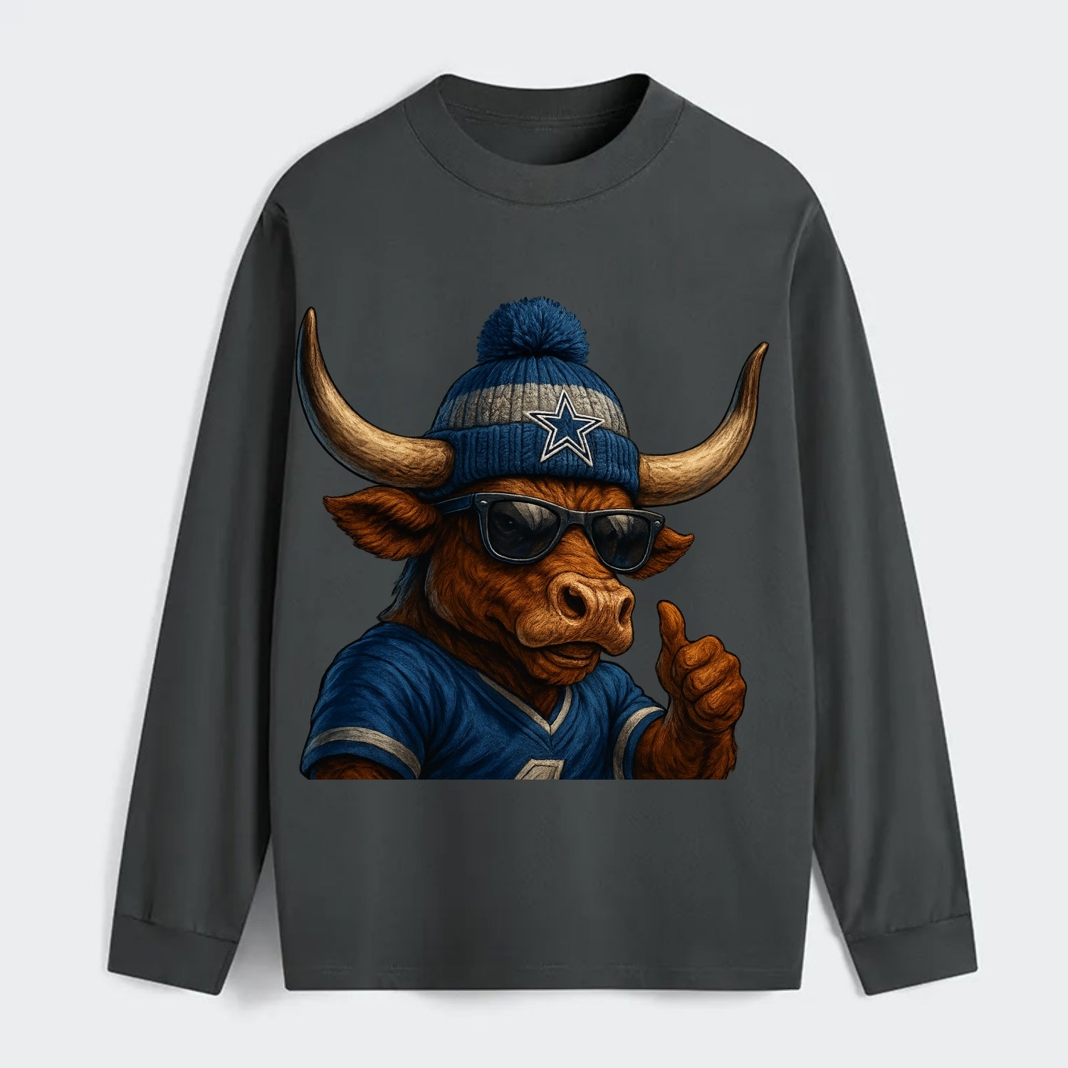 Texas Longhorn wearing Cowboys silver and blue beanie with star and - Classic Long Sleeve Shirt - Gray