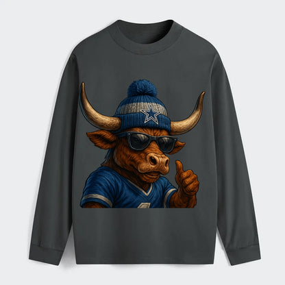 Texas Longhorn wearing Cowboys silver and blue beanie with star and - Classic Long Sleeve Shirt - Gray
