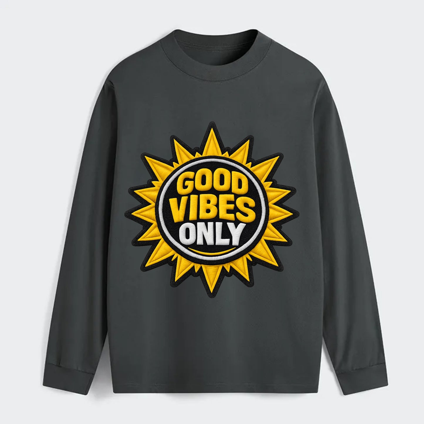 GOOD VIBES ONLY - sun with text in yellow , positive energy - Classic Long Sleeve Shirt - Gray