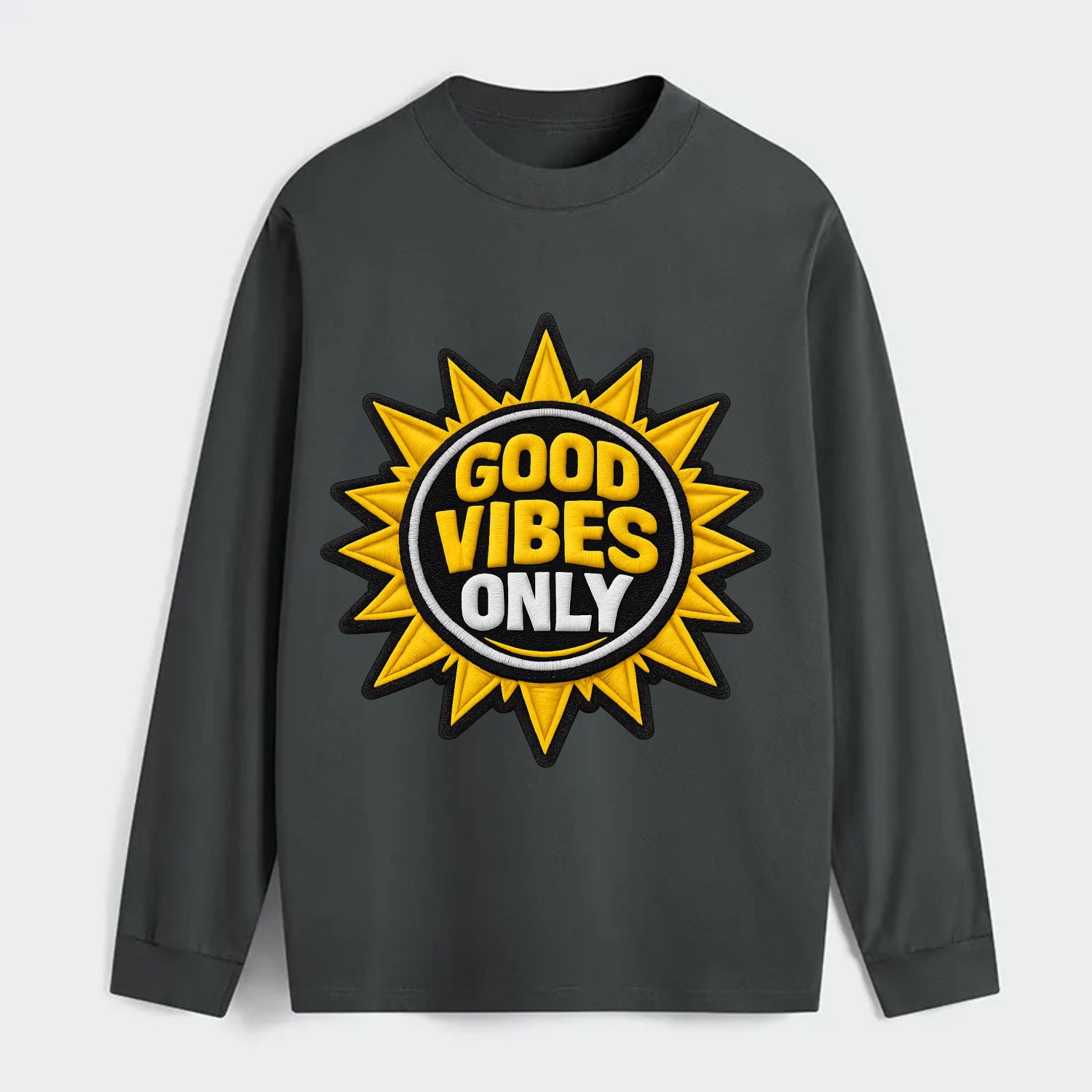 GOOD VIBES ONLY - sun with text in yellow , positive energy - Classic Long Sleeve Shirt - Gray