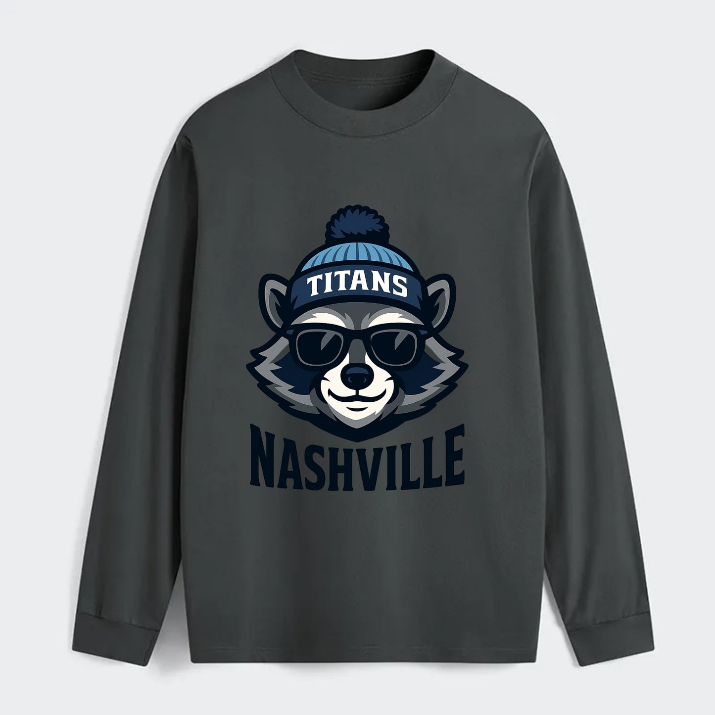 Nashville Raccoon wearing Titans navy and light blue beanie with pom - Classic Long Sleeve Shirt - Gray