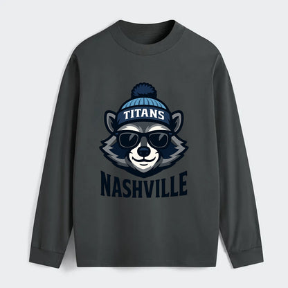 Nashville Raccoon wearing Titans navy and light blue beanie with pom - Classic Long Sleeve Shirt - Gray
