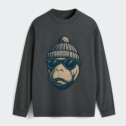 Jacksonville Manatee wearing Jacksonville beanie with pom pom and - Classic Long Sleeve Shirt - Gray