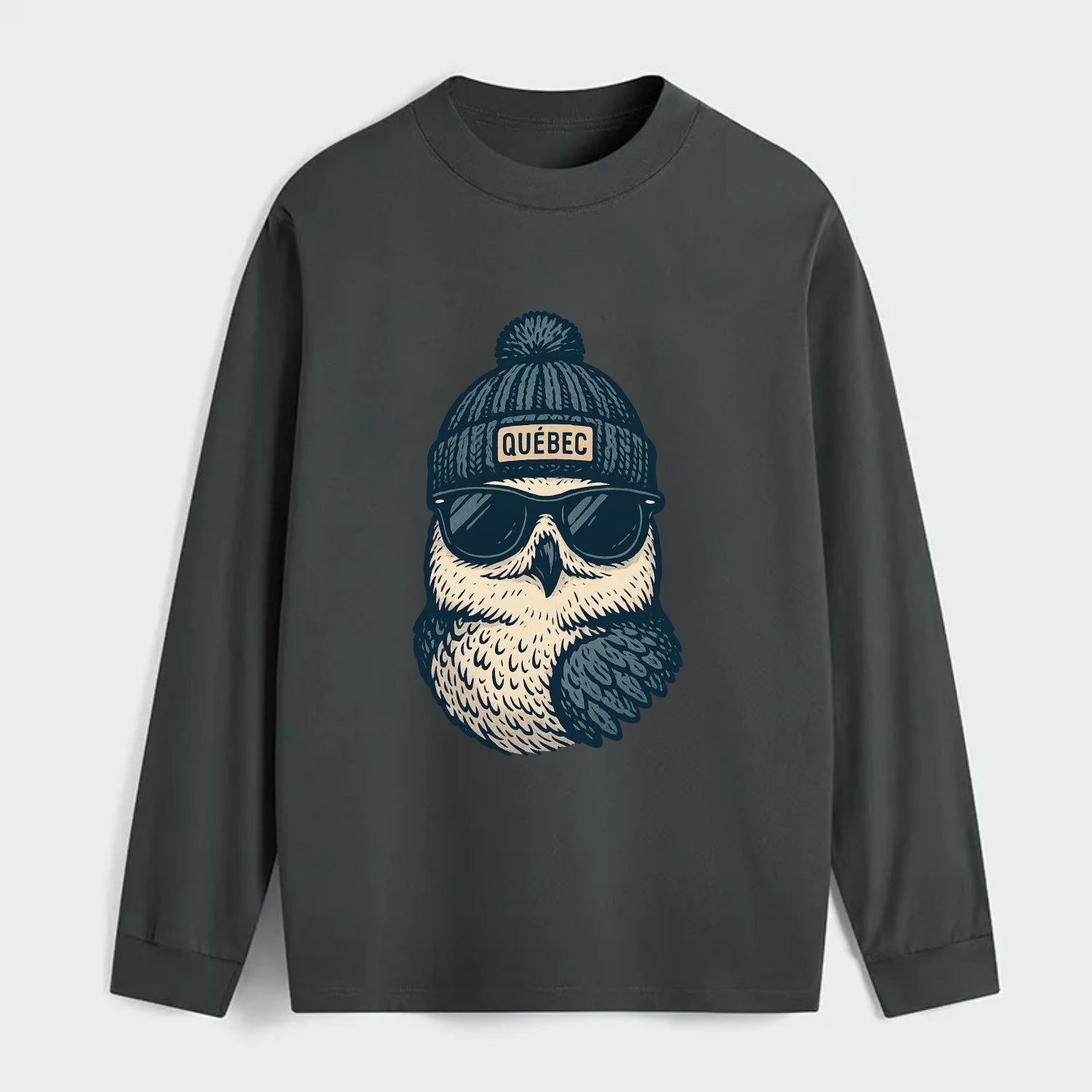 Quebec City Snowy Owl wearing Quebec bea - Classic Long Sleeve Shirt - Gray