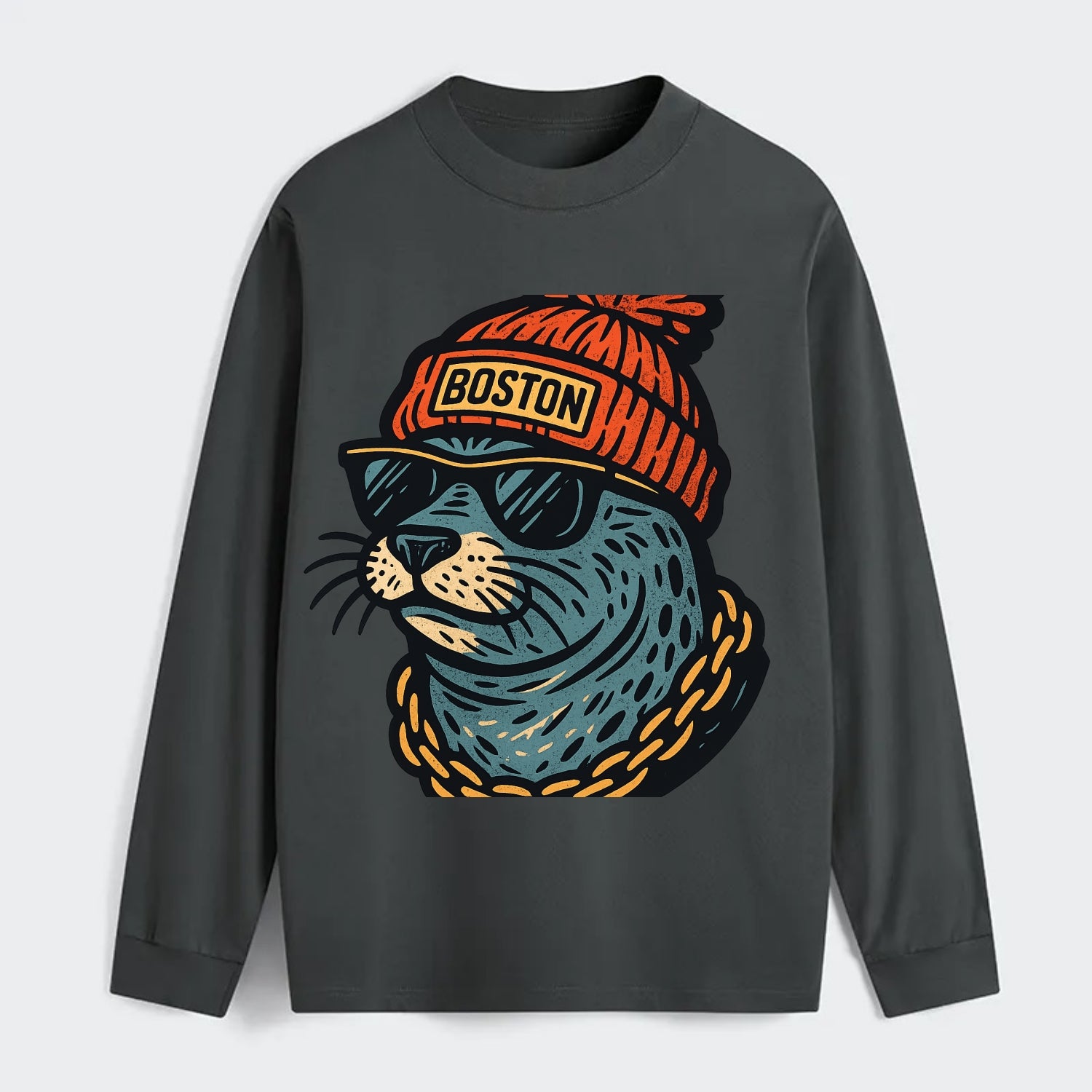 Boston Harbor Seal wearing Boston beanie with pom pom and wayfarer - Classic Long Sleeve Shirt - Gray