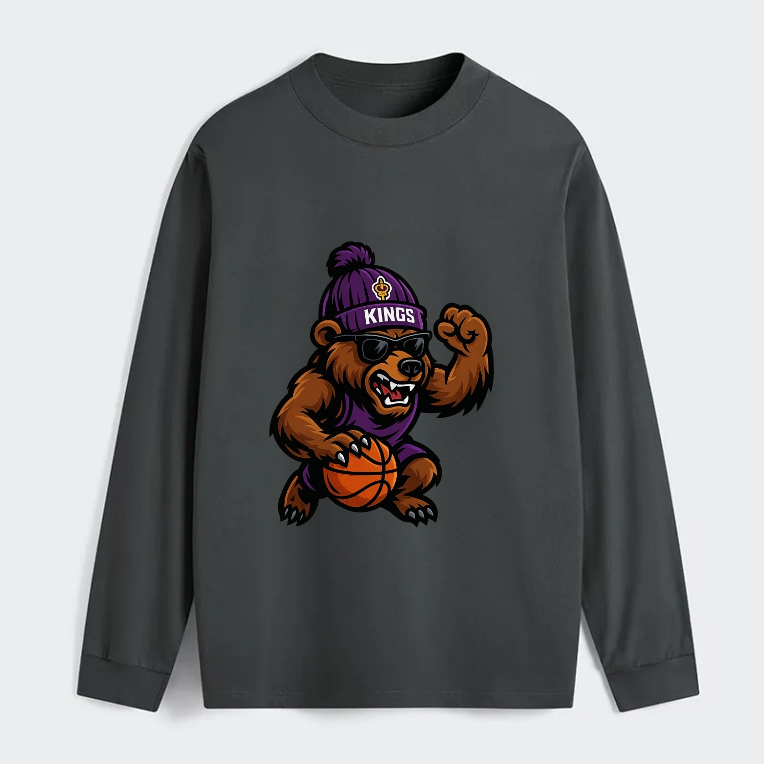 California Grizzly wearing Kings beanie with royal scepter patch and - Classic Long Sleeve Shirt - Gray