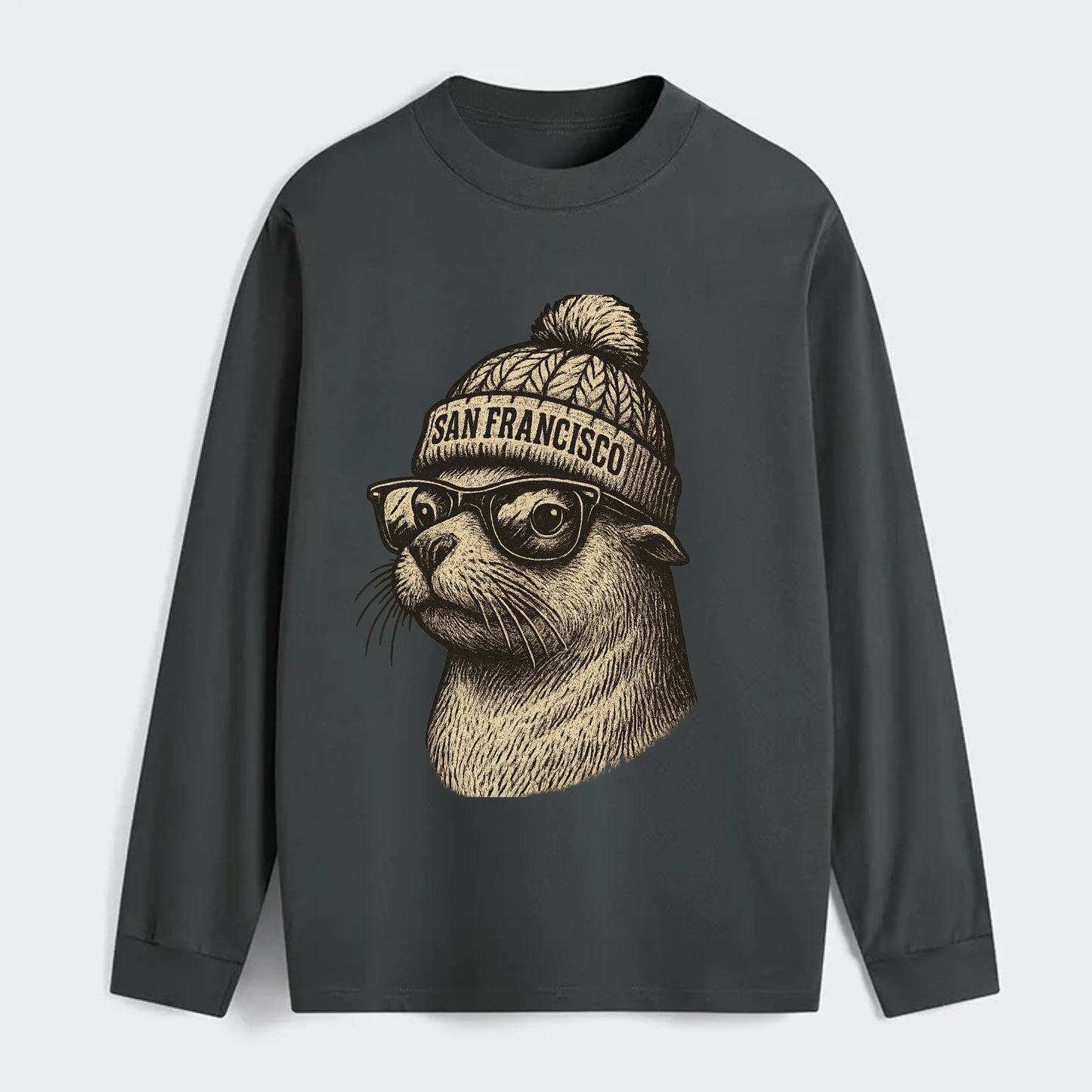 San Francisco Sea Lion wearing San Francisco beanie with pom pom and - Classic Long Sleeve Shirt - Gray