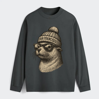 San Francisco Sea Lion wearing San Francisco beanie with pom pom and - Classic Long Sleeve Shirt - Gray