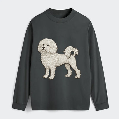 Löwchen - Little Lion Dog white embroidered pose - Classic Long Sleeve Shirt - Gray