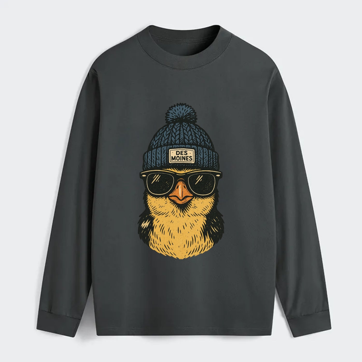 Iowa Goldfinch wearing Des Moines beanie with pom pom and wayfarer - Classic Long Sleeve Shirt - Gray