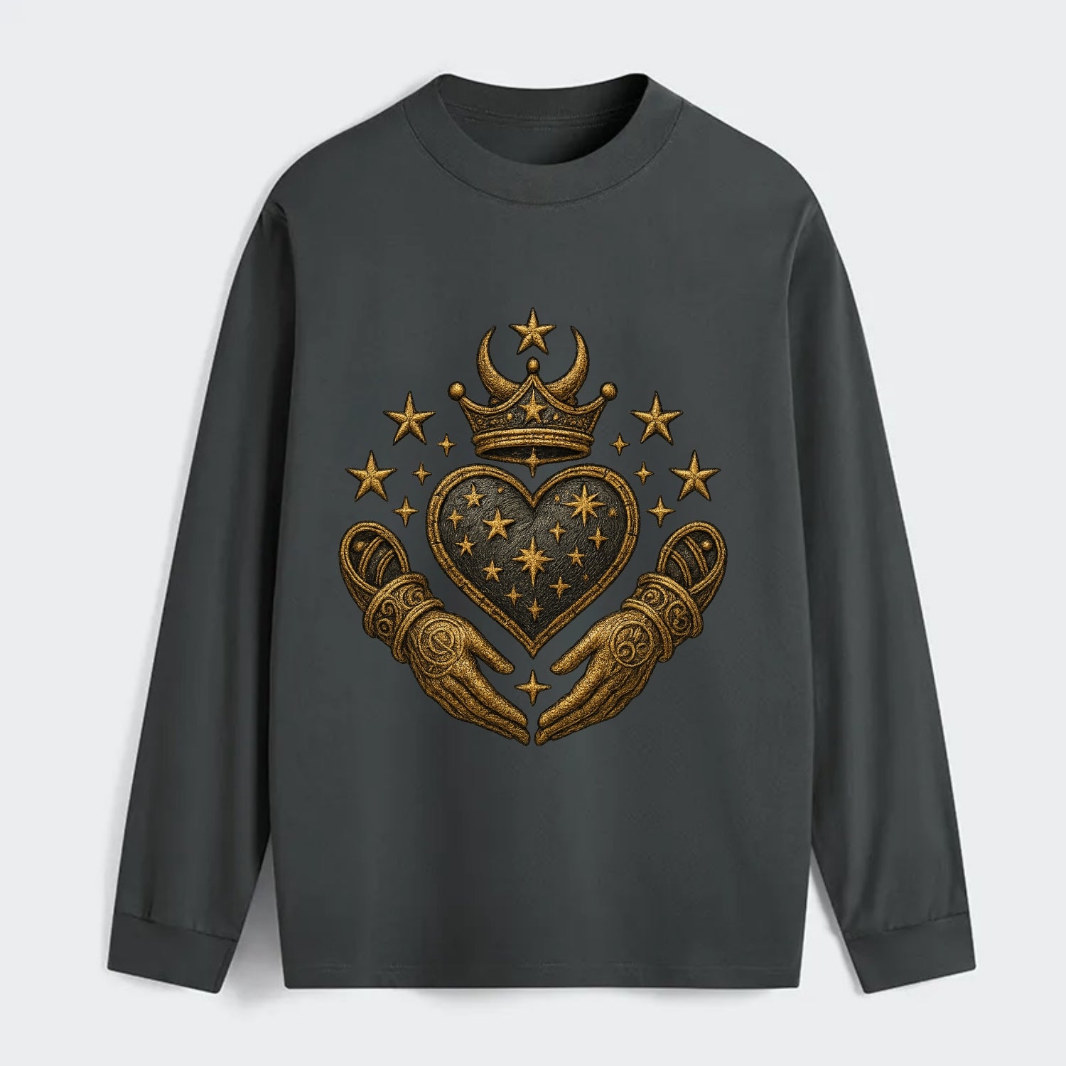 Weathered antique brass crown above a hammered gunmetal heart framed by - Classic Long Sleeve Shirt - Gray