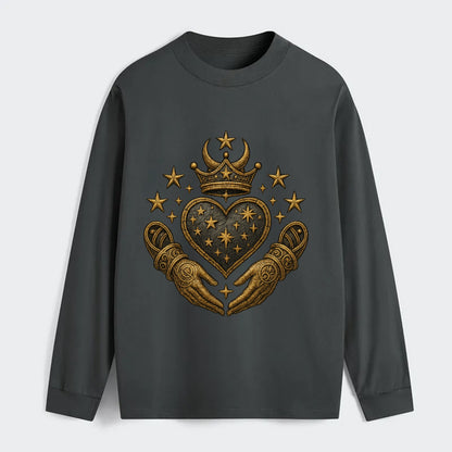 Weathered antique brass crown above a hammered gunmetal heart framed by - Classic Long Sleeve Shirt - Gray