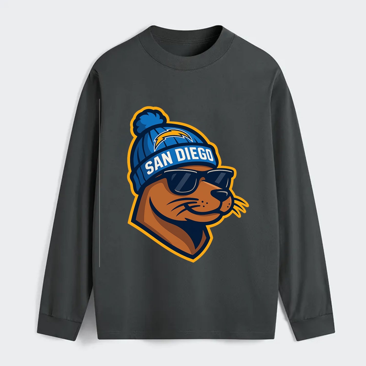 San Diego Sea Lion wearing Chargers beanie with bolt patch and wayfarer - Classic Long Sleeve Shirt - Gray