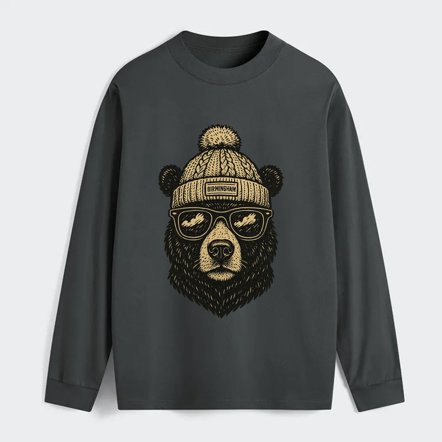 Alabama Black Bear wearing Birmingham beanie with pom pom and wayfarer - Classic Long Sleeve Shirt - Gray