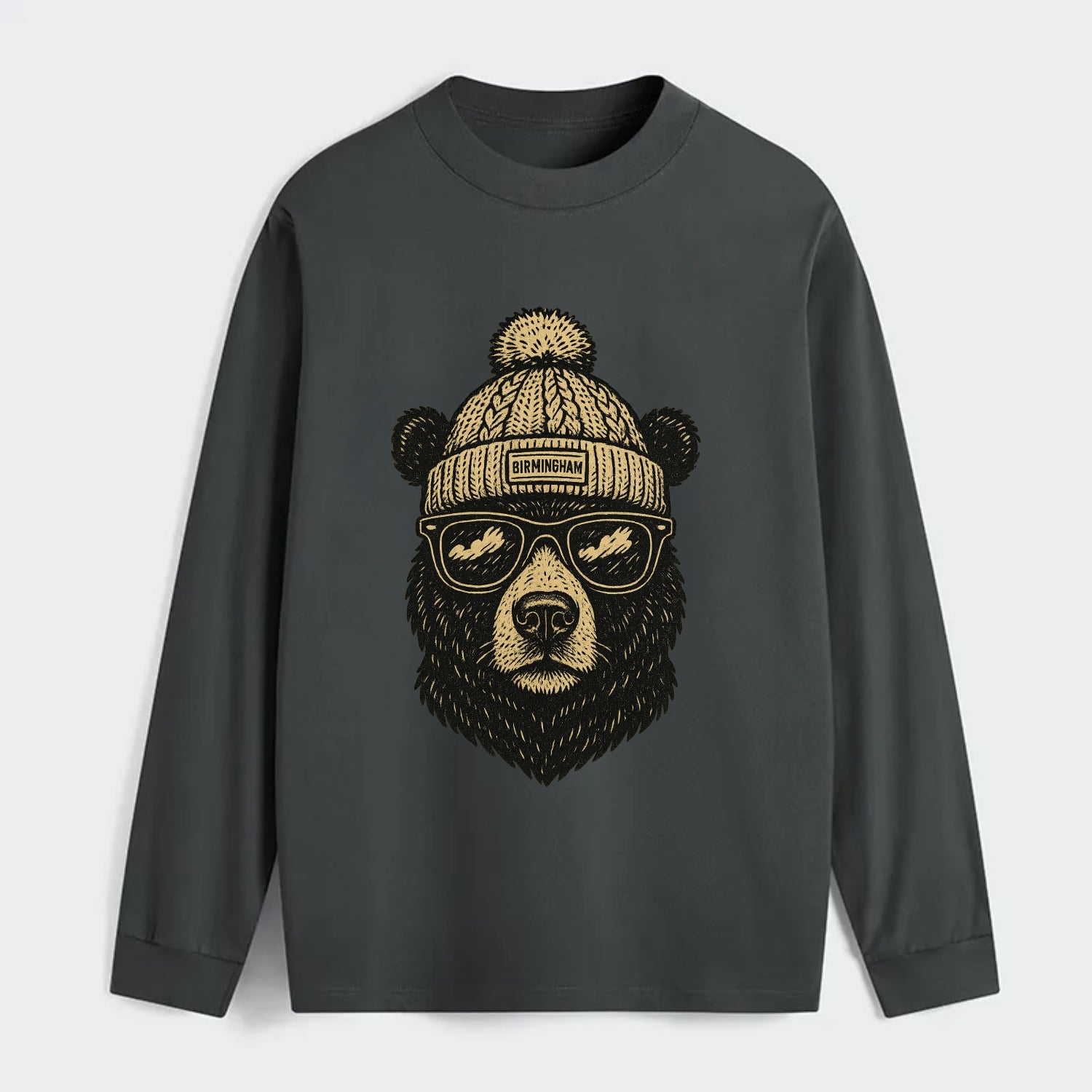 Alabama Black Bear wearing Birmingham beanie with pom pom and wayfarer - Classic Long Sleeve Shirt - Gray