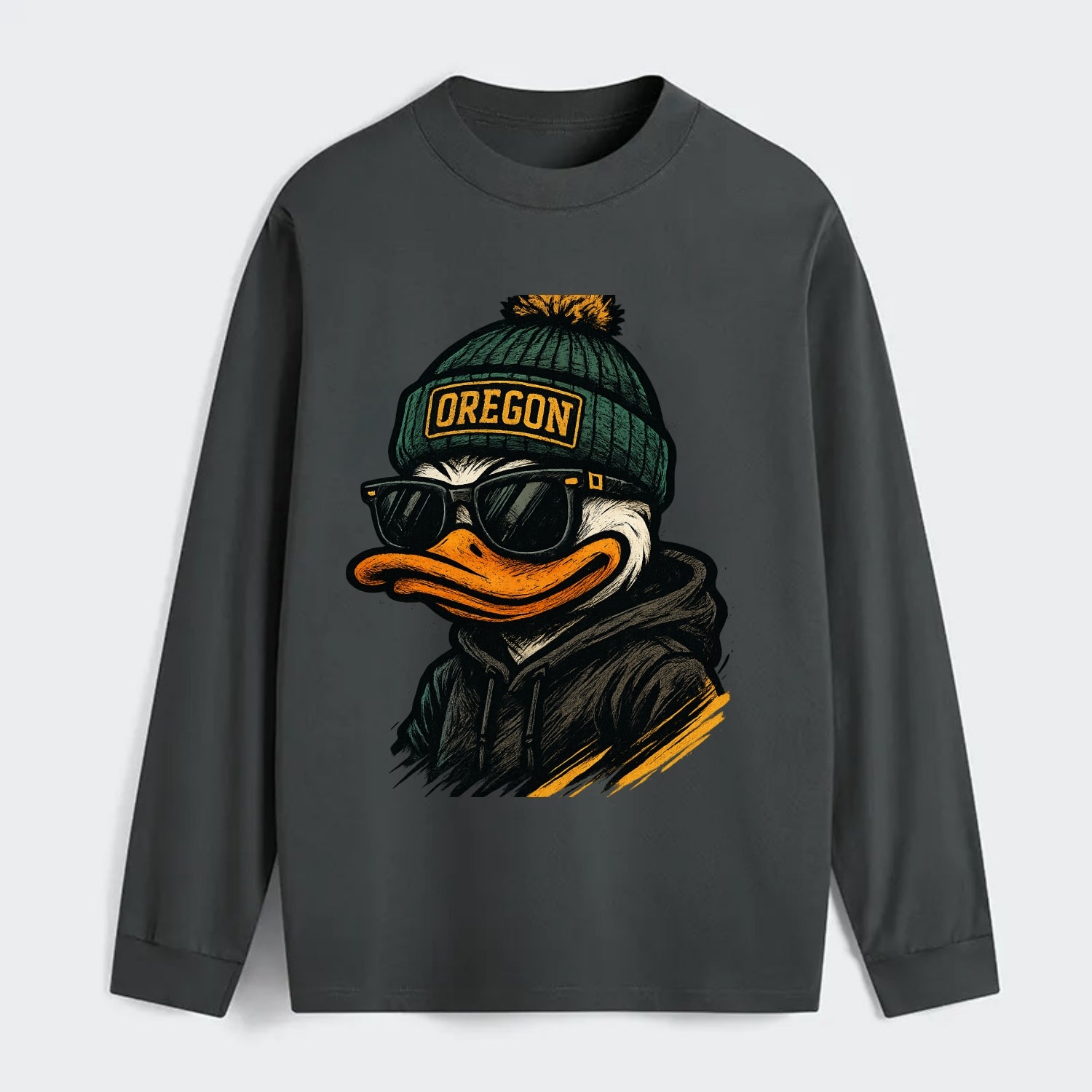 Eugene Duck wearing Oregon beanie with O patch - Classic Long Sleeve Shirt - Gray