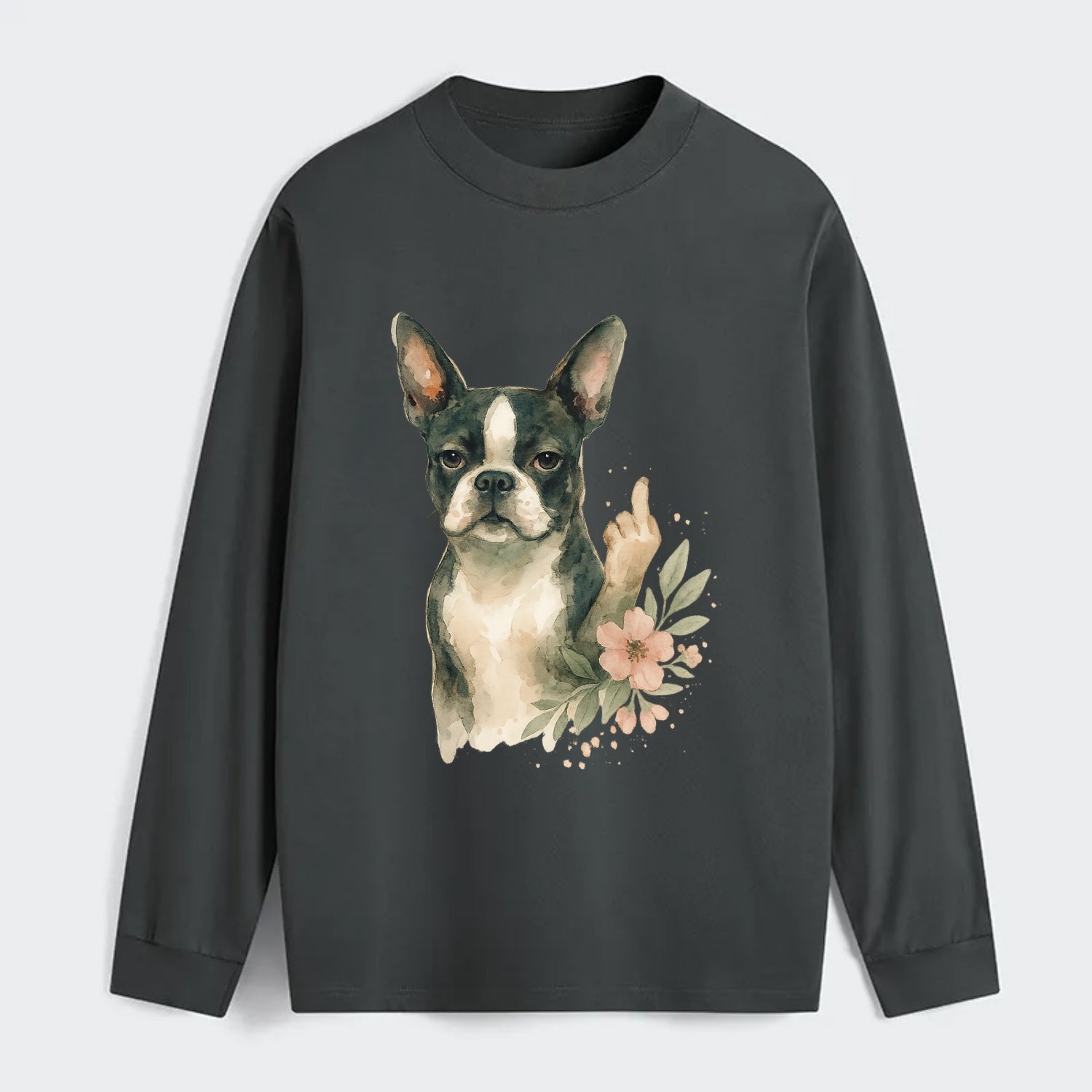 Boston Terrier with tuxedo markings, perky ears, paw up giving sass - Classic Long Sleeve Shirt - Gray
