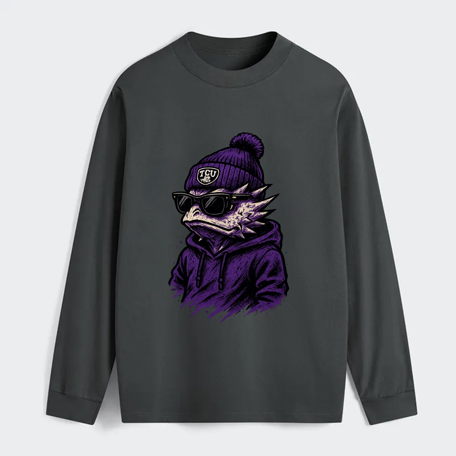 Fort Worth Horned Frog wearing TCU beanie with frog patch - Classic Long Sleeve Shirt - Gray