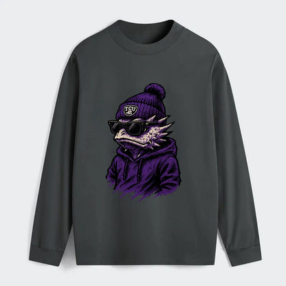 Fort Worth Horned Frog wearing TCU beanie with frog patch - Classic Long Sleeve Shirt - Gray