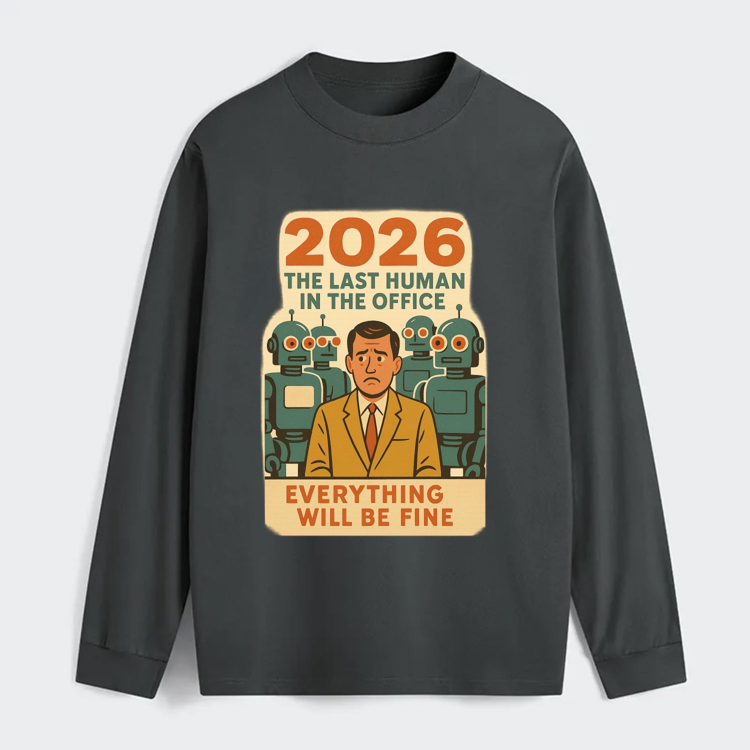 Single human worker surrounded by robot coworkers - "The last human in - Classic Long Sleeve Shirt - Gray