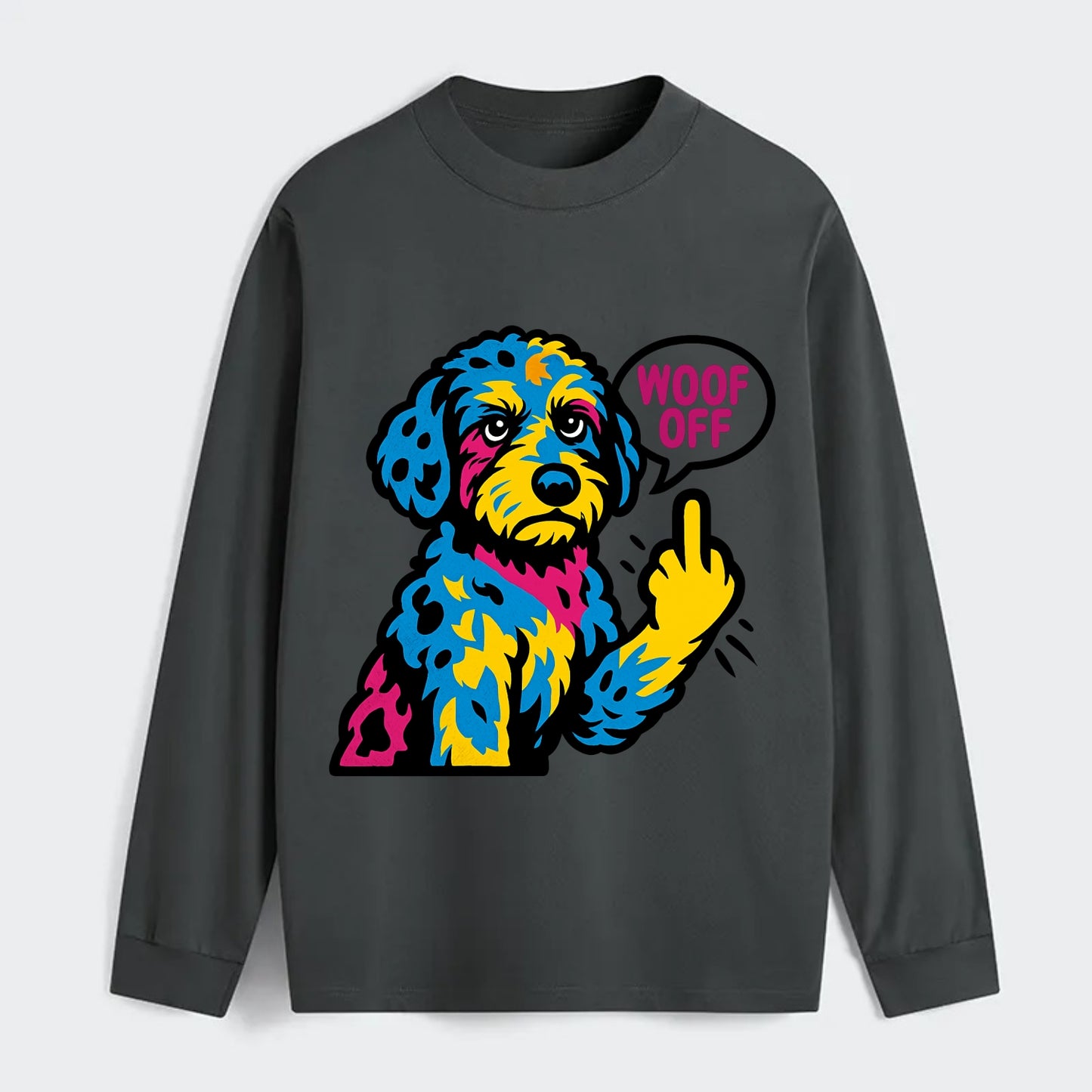 Aussiedoodle with merle patches and curly coat, playful smart paw raised - Classic Long Sleeve Shirt - Gray