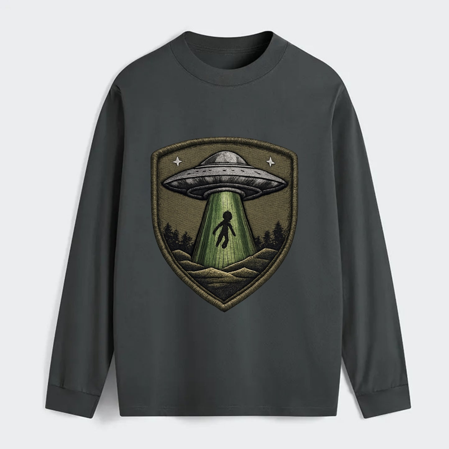 UFO ALIEN - flying saucer with beam in silver and green , - Classic Long Sleeve Shirt - Gray