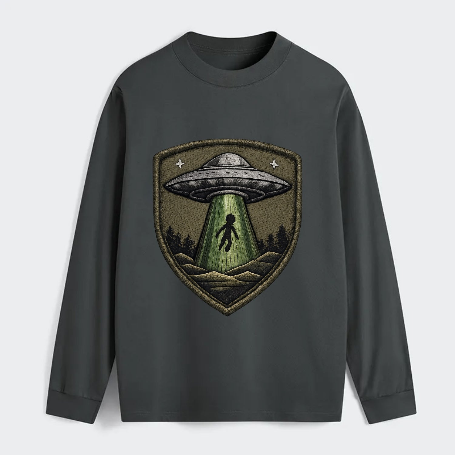 UFO ALIEN - flying saucer with beam in silver and green , - Classic Long Sleeve Shirt - Gray