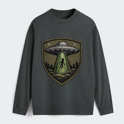 UFO ALIEN - flying saucer with beam in silver and green , - Classic Long Sleeve Shirt - Gray