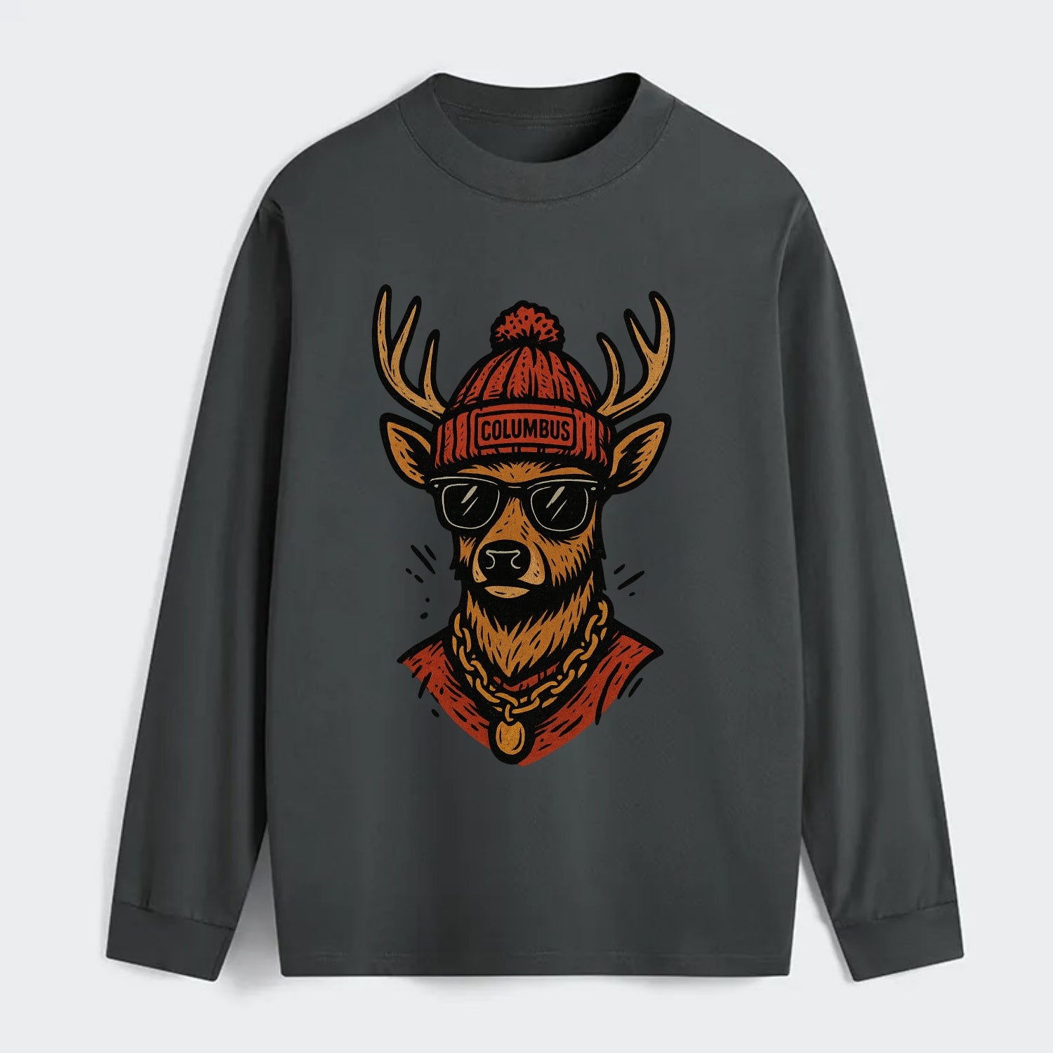 Columbus White-tailed Deer wearing Columbus beanie with pom pom and - Classic Long Sleeve Shirt - Gray