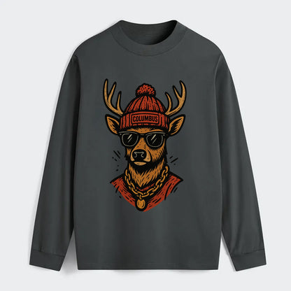 Columbus White-tailed Deer wearing Columbus beanie with pom pom and - Classic Long Sleeve Shirt - Gray