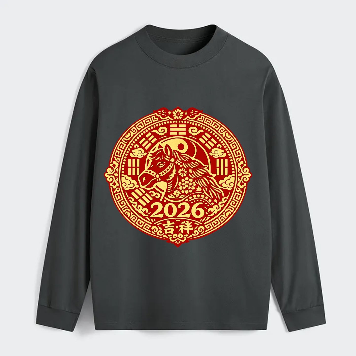 LUCKY HORSE MEDALLION | Circular medallion with horse profile | - Classic Long Sleeve Shirt - Gray