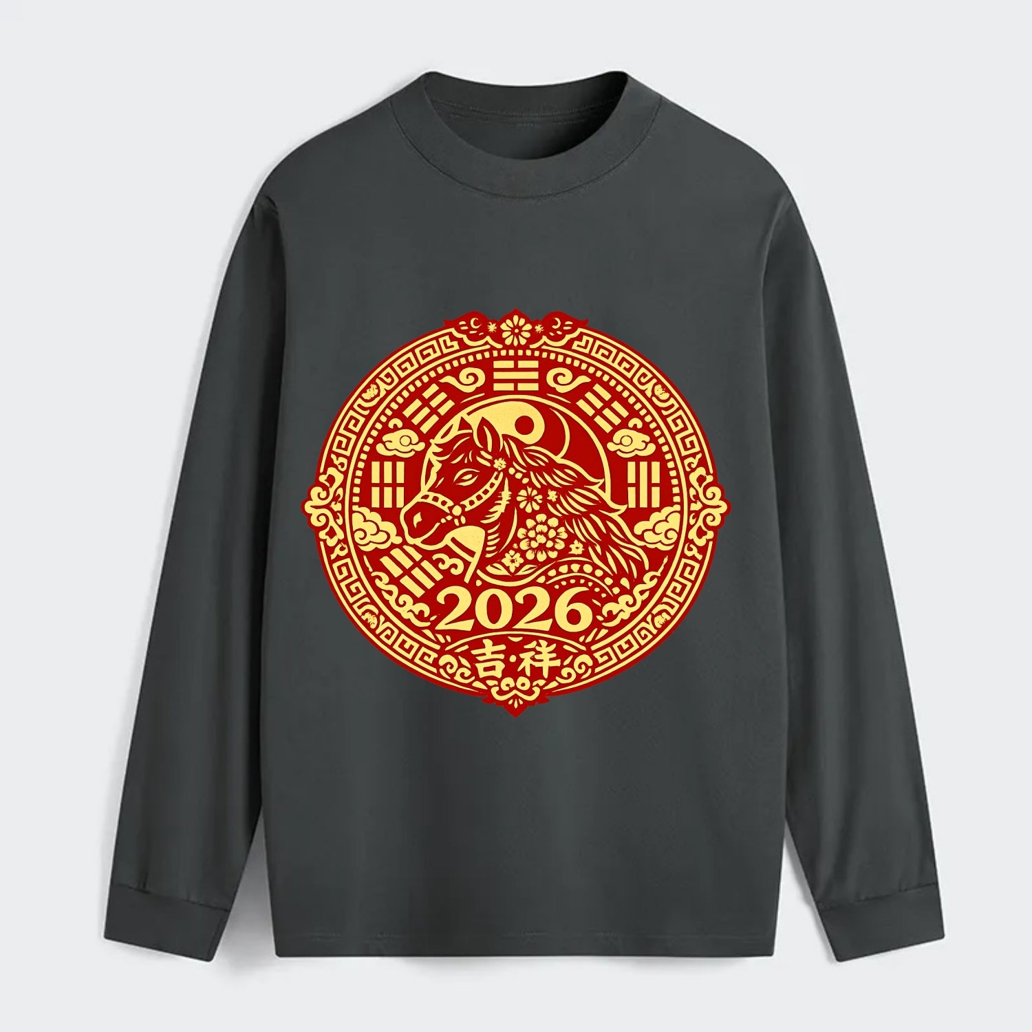 LUCKY HORSE MEDALLION | Circular medallion with horse profile | - Classic Long Sleeve Shirt - Gray